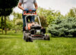 Buttrose Gardener mowing the lawn. Landscape design. Gardening