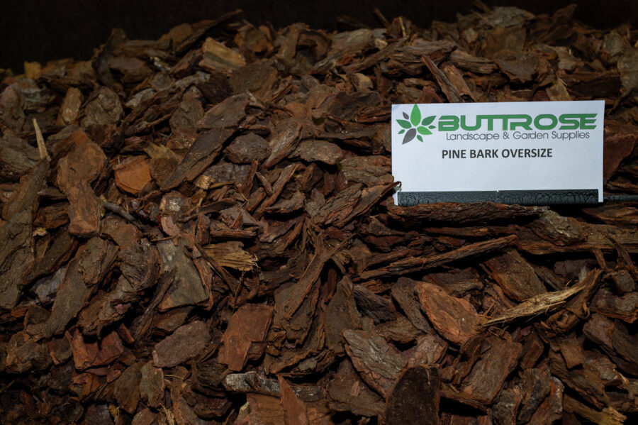 Oversize pine bark mulch with label